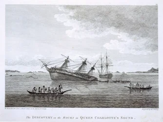 La découverte sur les rochers dans le détroit de la Reine Charlotte, gravée par B.T. Pouney, c.1790-99